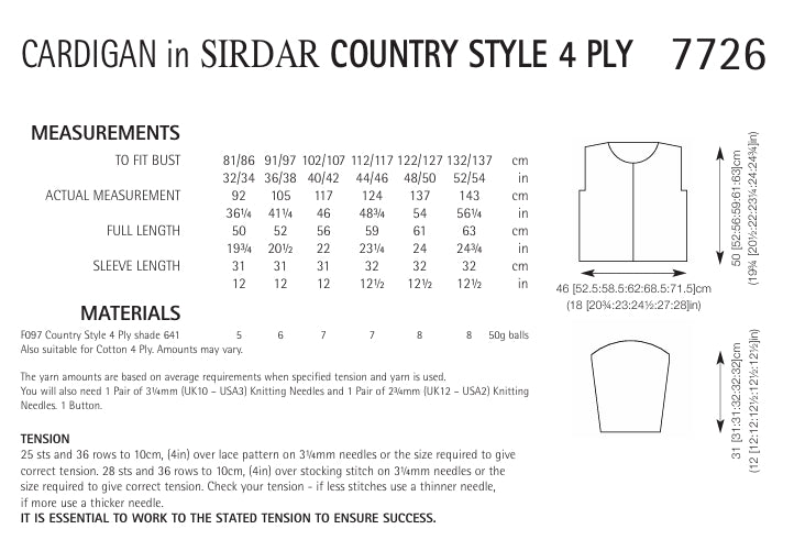 Sirdar Cardigan Knitting Pattern in Sirdar Country Style 4ply 7726P PDF DOWNLOAD