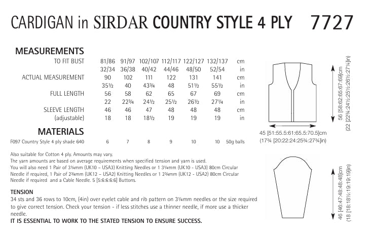 Sirdar Cardigan Knitting Pattern in Sirdar Country Style 4ply 7727P PDF DOWNLOAD