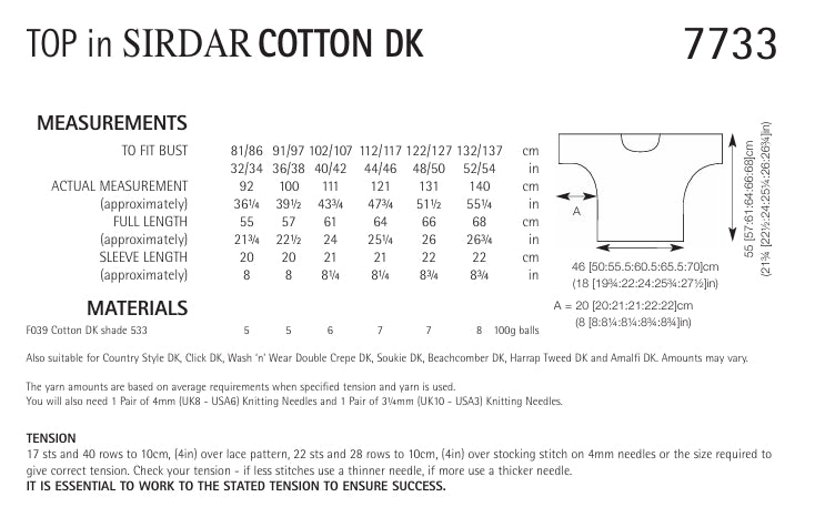Sirdar Top Knitting Pattern in Sirdar Cotton DK 7733P PDF DOWNLOAD