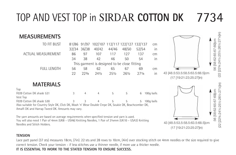 Sirdar Top and Vest Top Knitting Pattern in Sirdar Cotton DK 7734P PDF DOWNLOAD