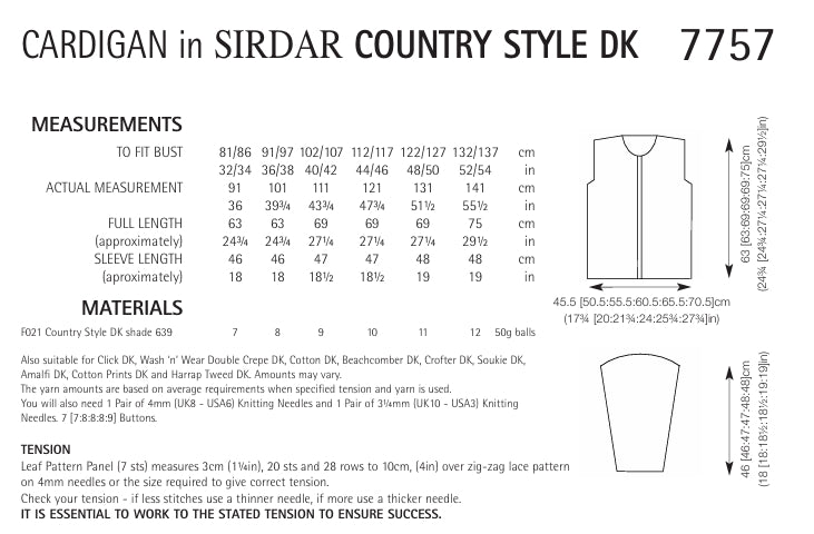 Sirdar Cardigan Knitting Pattern in Sirdar Country Style DK 7757P PDF DOWNLOAD