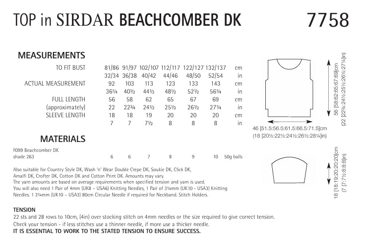 Sirdar Top Knitting Pattern in Sirdar Beachcomber DK 7758P PDF DOWNLOAD