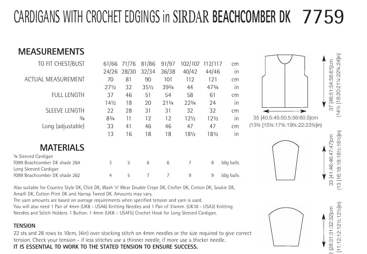 Sirdar Cardigan with Crochet Edgings Knitting Pattern in Sirdar Beachcomber DK 7759P PDF DOWNLOAD