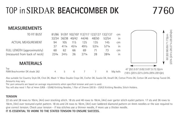Sirdar Top Knitting Pattern in Sirdar Beachcomber DK 7760P PDF DOWNLOAD