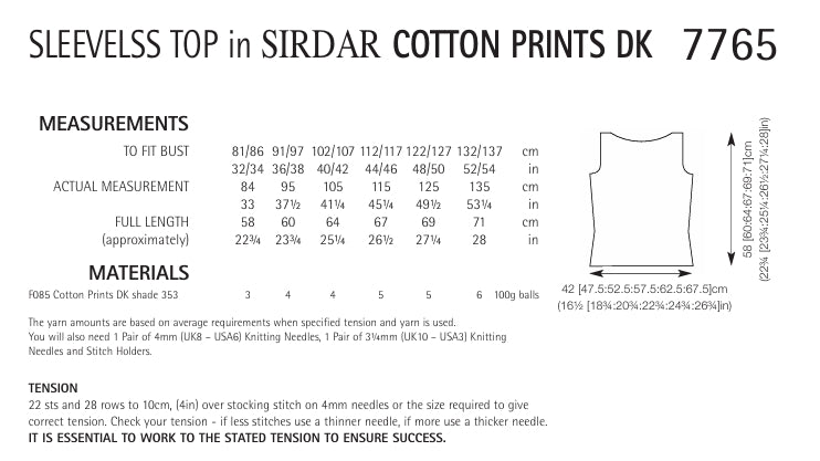 Sirdar Sleeveless Top Knitting Pattern in Sirdar Cotton Prints DK 7765P PDF DOWNLOAD