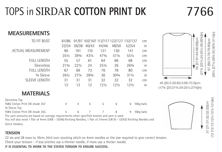 Sirdar Tops Knitting Pattern in Sirdar Cotton Prints DK 7766P PDF DOWNLOAD