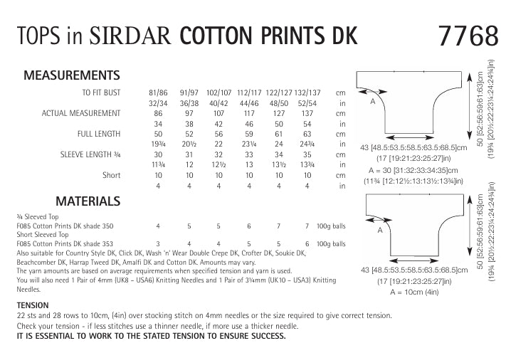 Sirdar Tops Knitting Pattern in Sirdar Cotton Prints DK 7768P PDF DOWNLOAD