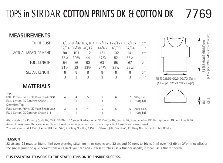 Sirdar Tops Knitting Pattern in Sirdar Cotton Prints and Cotton DK 7769P PDF DOWNLOAD