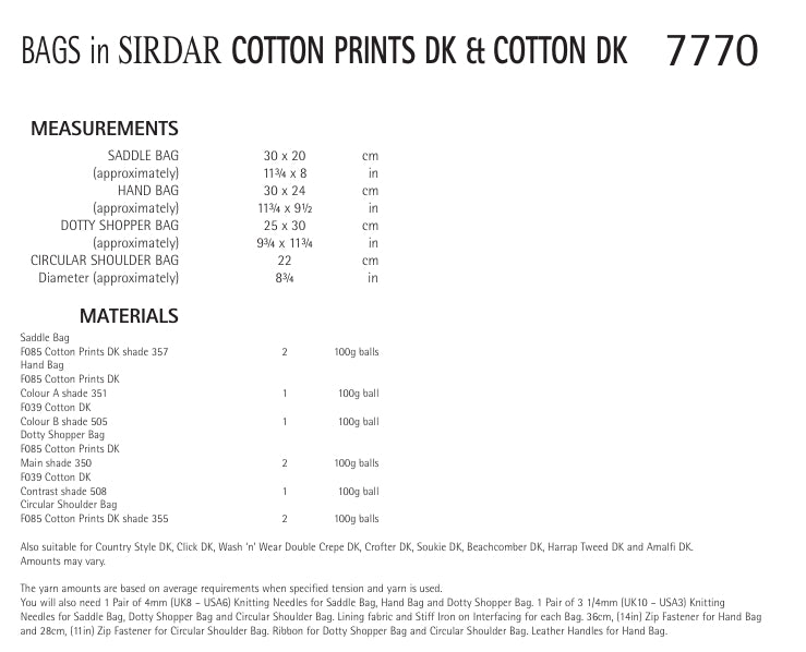Sirdar Bags Knitting Pattern in Sirdar Cotton Prints and Cotton DK 7770P PDF DOWNLOAD