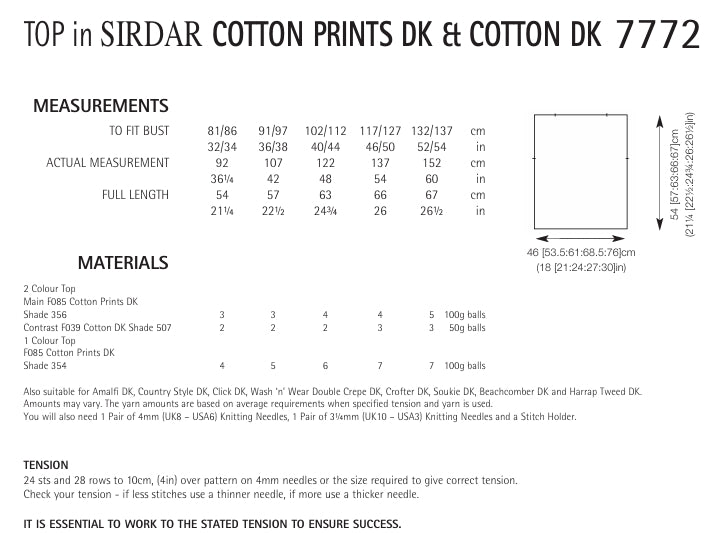 Sirdar Top Knitting Pattern in Sirdar Cotton Prints and Cotton DK 7772P PDF DOWNLOAD