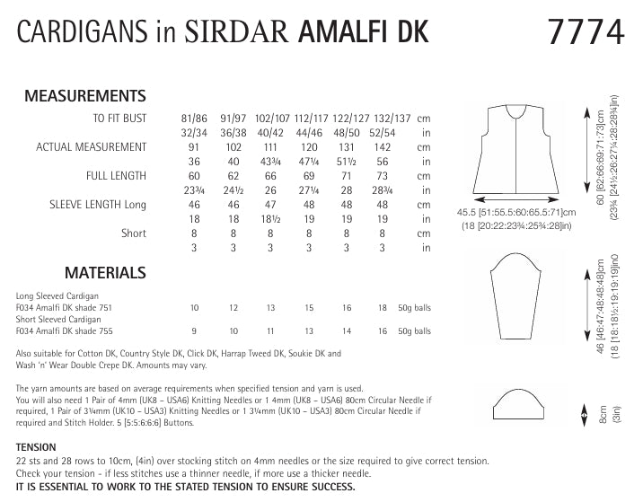 Sirdar Cardigans Knitting Pattern in Sirdar Amalfi DK 7774P PDF DOWNLOAD