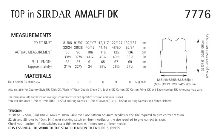 Sirdar Tops Knitting Pattern in Sirdar Amalfi DK 7776P PDF DOWNLOAD