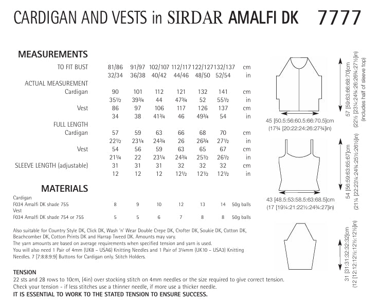 Sirdar Cardigan and Vests Knitting Pattern in Sirdar Amalfi DK 7777P PDF DOWNLOAD