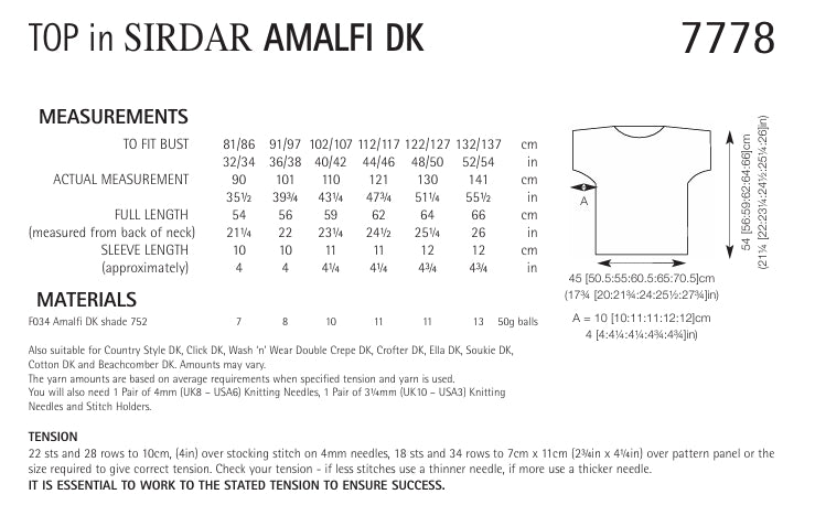 Sirdar Top Knitting Pattern in Sirdar Amalfi DK 7778P PDF DOWNLOAD