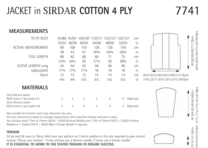 Sirdar Jacket Knitting Pattern in Sirdar Cotton 4ply 7741P PDF DOWNLOAD