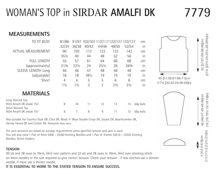 Sirdar Top Knitting Pattern in Sirdar Amalfi DK 7779P PDF DOWNLOAD