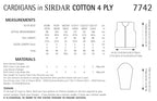 Sirdar Cardigan Knitting Pattern in Sirdar Cotton 4ply 7742P PDF DOWNLOAD