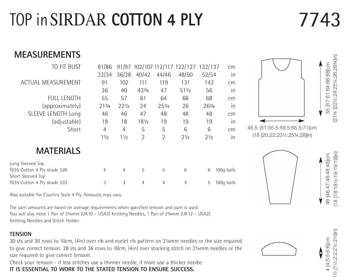 Sirdar Top Knitting Pattern in Sirdar Cotton 4ply 7743P PDF DOWNLOAD