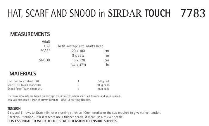 Sirdar Hat, Scarf and Snood Knitting Pattern in Sirdar Touch 7783P PDF DOWNLOAD