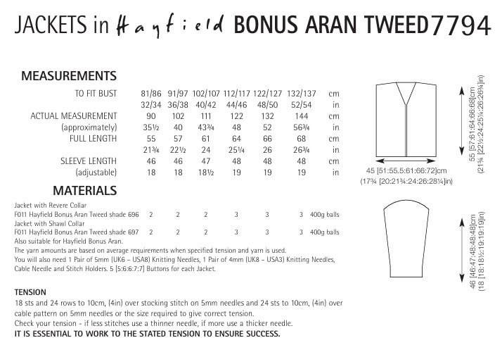 Hayfield Jackets Knitting Pattern in Hayfield Bonus Aran Tweed 7794P PDF DOWNLOAD