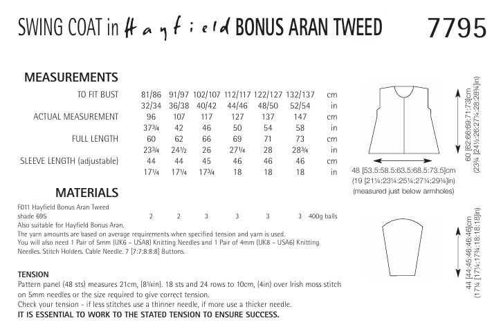 Hayfield Swing Coat Knitting Pattern in Hayfield Bonus Aran Tweed 7795P PDF DOWNLOAD