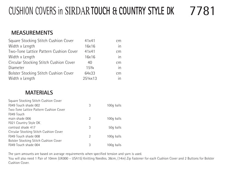 Sirdar Cushion Covers Knitting Pattern in Sirdar Touch and Country Style DK 7781P PDF DOWNLOAD