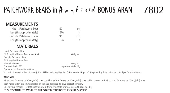 Hayfield Patchwork Bears Knitting Pattern in Hayfield Bonus Aran 7802P PDF DOWNLOAD