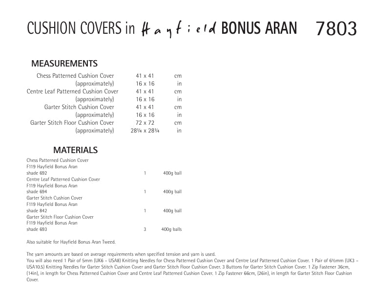 Hayfield Cushion Covers Knitting Pattern in Hayfield Bonus Aran 7803P PDF DOWNLOAD