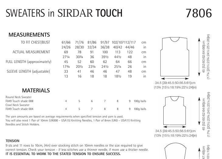 Sirdar Sweaters Knitting Pattern in Sirdar Touch 7806P PDF DOWNLOAD