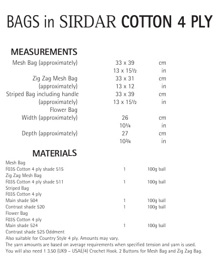 Sirdar Bags Crochet Pattern in Sirdar Cotton 4ply 7820P PDF DOWNLOAD