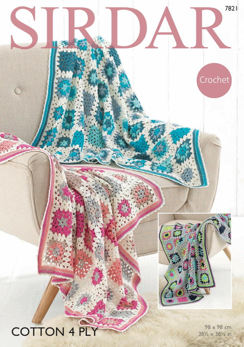 Sirdar Blankets Crochet Pattern in Sirdar Cotton 4ply 7821P PDF DOWNLOAD