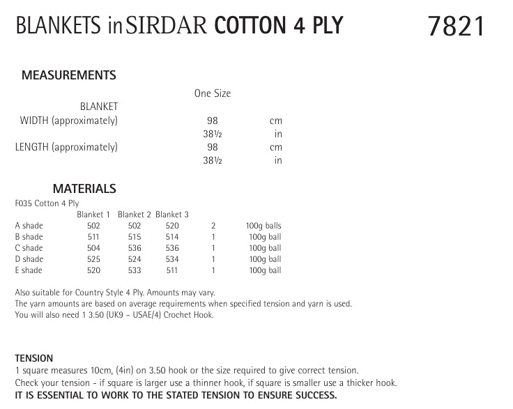 Sirdar Blankets Crochet Pattern in Sirdar Cotton 4ply 7821P PDF DOWNLOAD