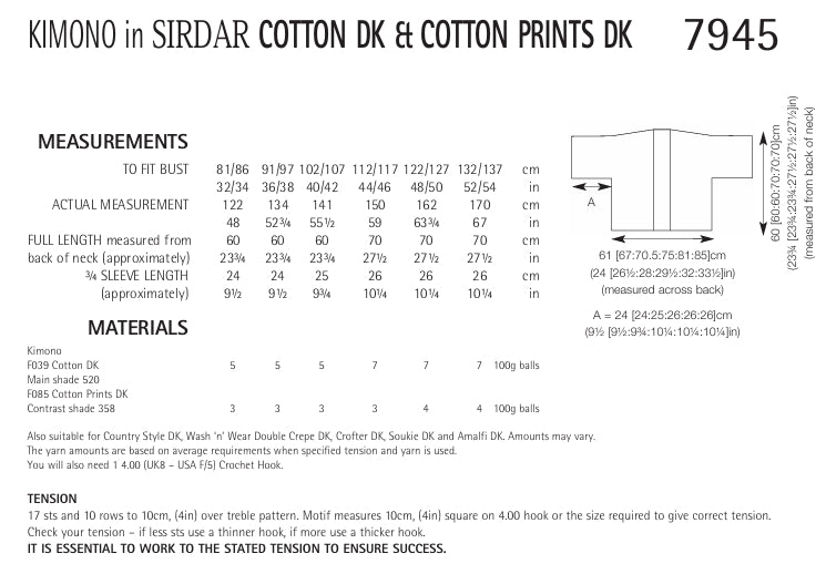 Sirdar Kimono Crochet Pattern in Cotton DK and Cotton Prints DK 7945P PDF DOWNLOAD