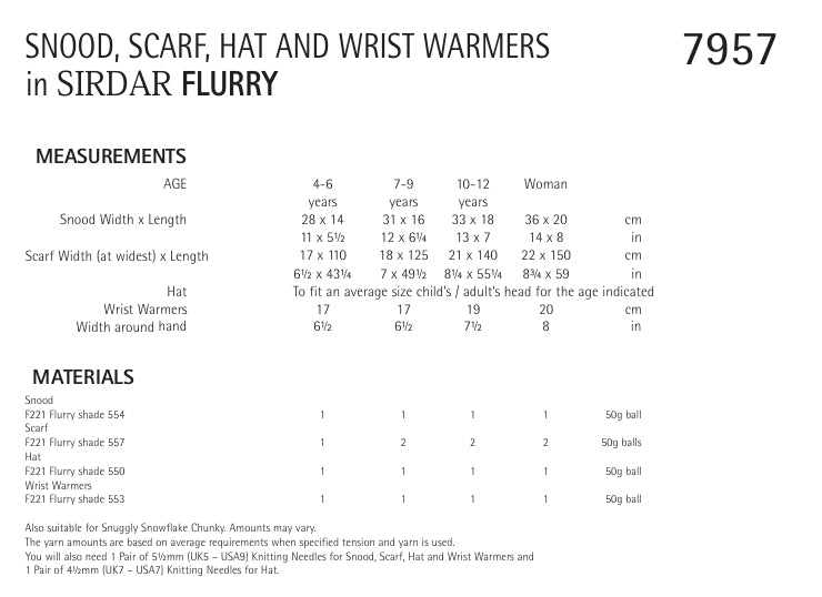 Sirdar Snood, Scarf, Hat and Wrist Warmers Knitting Pattern in Flurry 7957P PDF DOWNLOAD