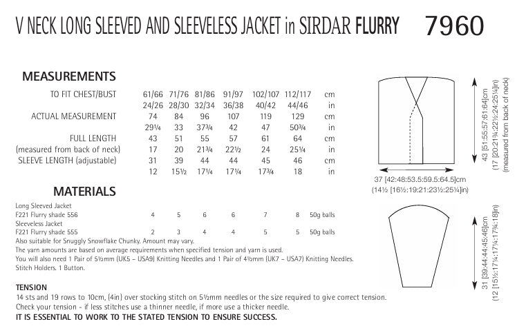 Sirdar V Neck Long Sleeved and Sleeveless Jacket Knitting Pattern in Flurry 7960P PDF DOWNLOAD