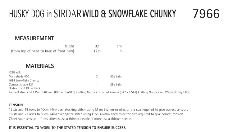 Sirdar Husky Dog Knitting Pattern in Sirdar Wild and Snowflake Chunky 7966P PDF DOWNLOAD