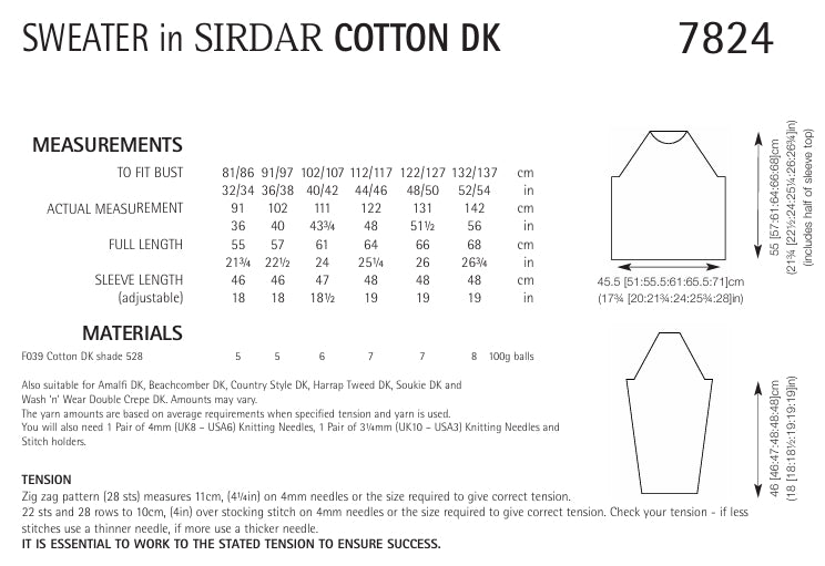 Sirdar Sweater Knitting Pattern in Sirdar Cotton DK 7824P PDF DOWNLOAD