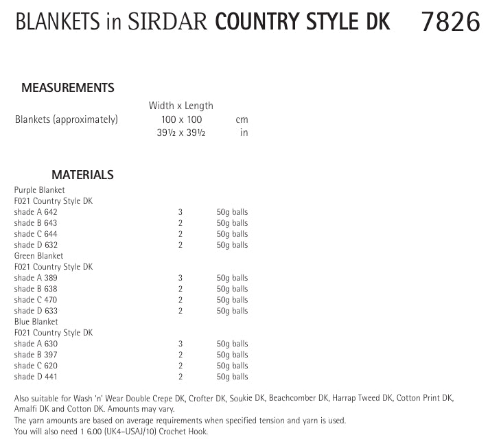 Sirdar Blankets Knitting Pattern in Sirdar Country Style DK 7826P PDF DOWNLOAD