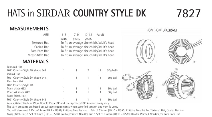 Sirdar Hats Knitting Pattern in Sirdar Country Style DK 7827P PDF DOWNLOAD