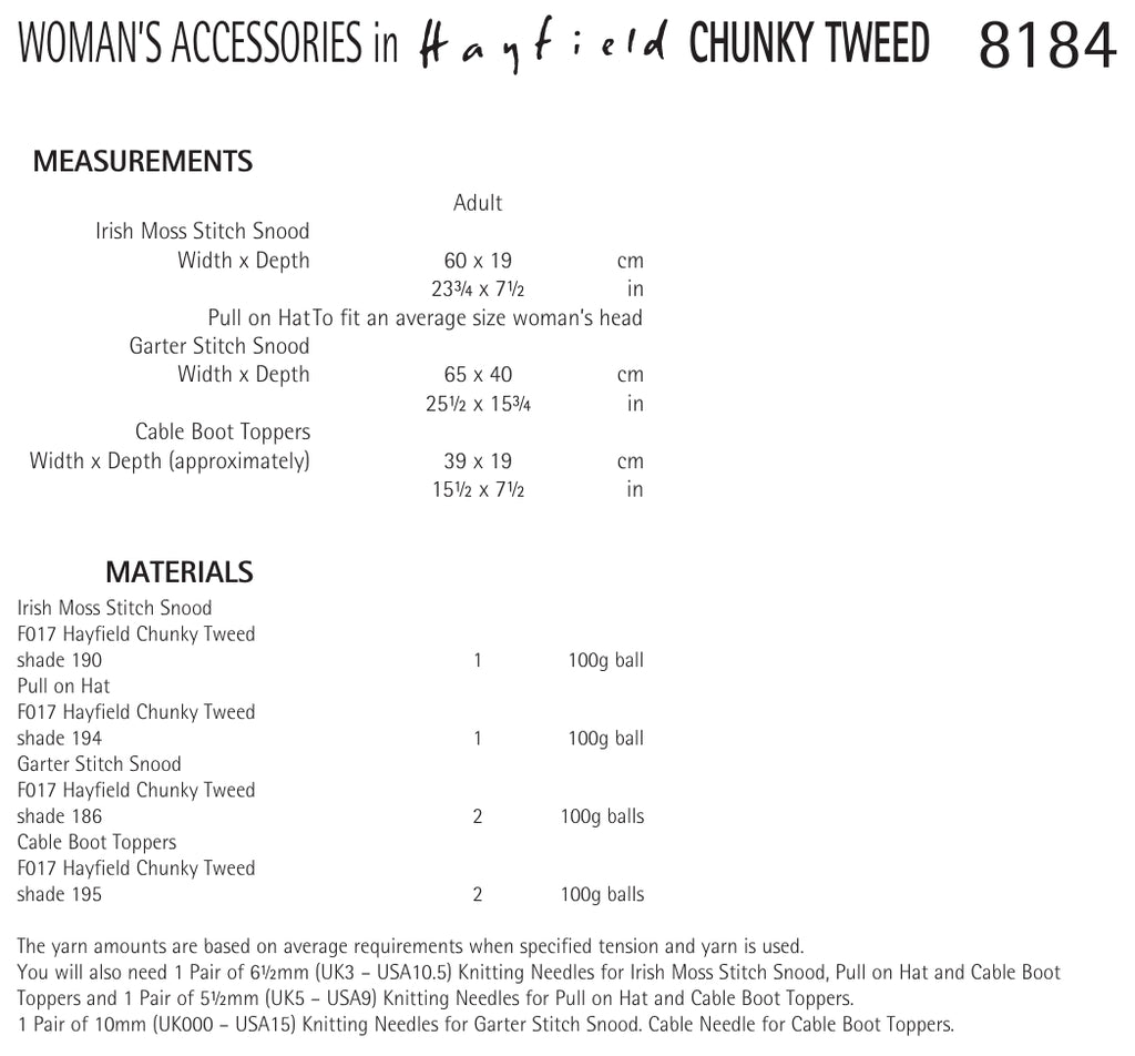 Hayfield Woman's Accessories Knitting Pattern in Chunky 8184P PDF DOWNLOAD