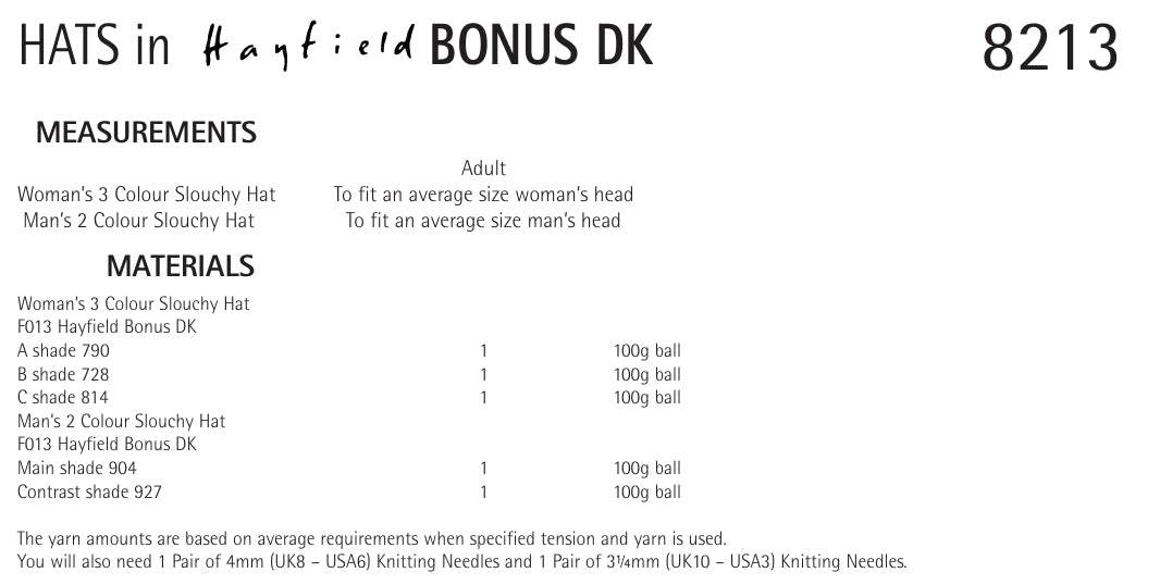 Hayfield Hats Knitting Pattern in DK 8213P PDF DOWNLOAD