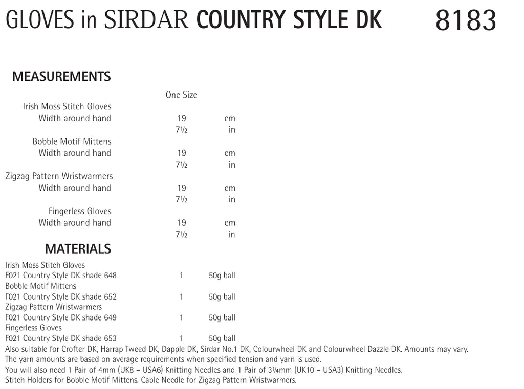Sirdar Gloves Knitting Pattern in DK 8183P PDF DOWNLOAD