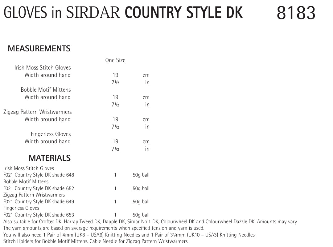 Sirdar Gloves Knitting Pattern in DK 8183P PDF DOWNLOAD