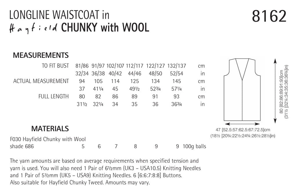 Hayfield Longline Waiscoat Knitting Pattern in Chunky 8162P PDF DOWNLOAD