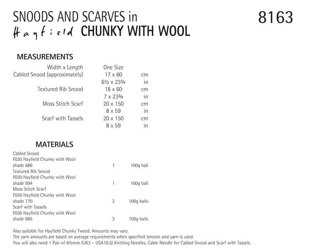 Hayfield Snoods & Scarves Knitting Pattern in Chunky 8163P PDF DOWNLOAD