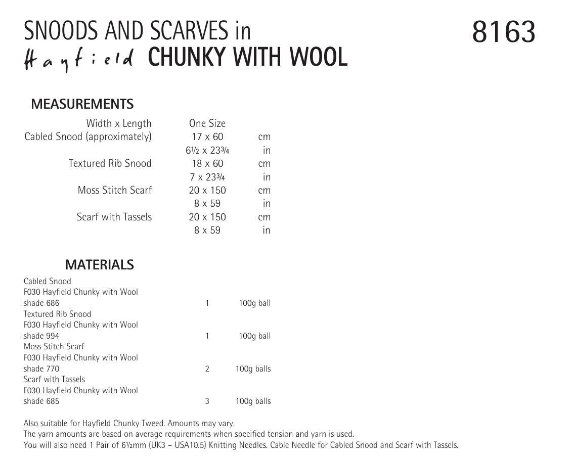 Hayfield Snoods & Scarves Knitting Pattern in Chunky 8163P PDF DOWNLOAD