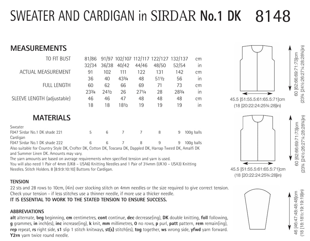 Sirdar Sweater & Cardigan Knitting Pattern in DK 8148P PDF DOWNLOAD