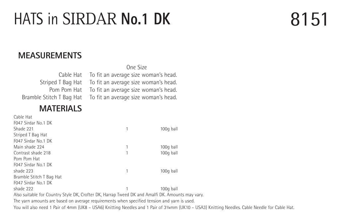 Sirdar Hats Knitting Pattern in DK 8151P PDF DOWNLOAD