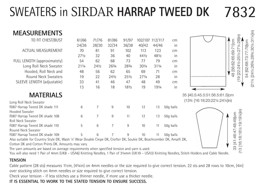 Sirdar Sweaters Knitting Pattern in Sirdar Harrap Tweed DK 7832P PDF DOWNLOAD