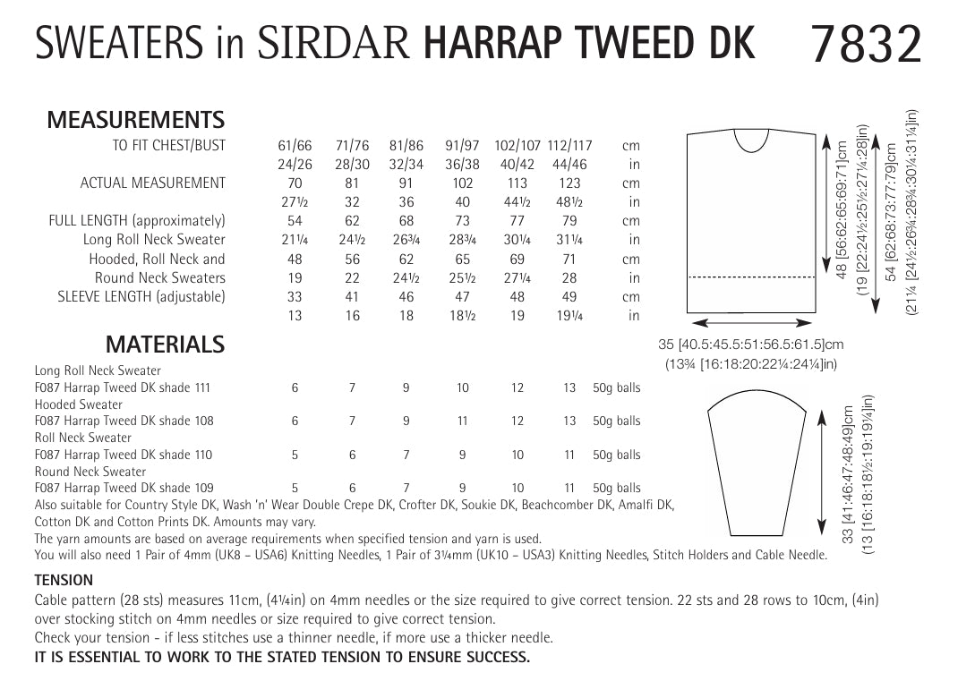 Sirdar Sweaters Knitting Pattern in Sirdar Harrap Tweed DK 7832P PDF DOWNLOAD
